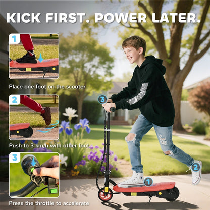 The kids scooter with instructional steps showing how to start and accelerate