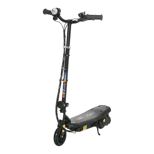 HOMCOM Foldable Electric Scooter, a black kids electric scooter with LED lights and colourful decals