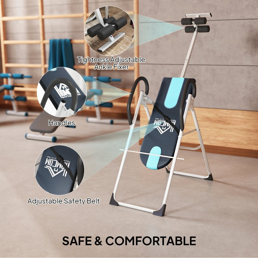 Close up of the gravity inversion table showing adjustable ankle fixers and safety belt