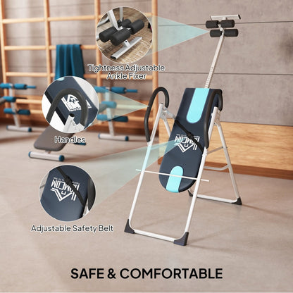 Close up of the gravity inversion table showing adjustable ankle fixers and safety belt