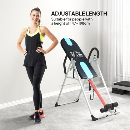 Woman standing next to the gravity inversion table with adjustable length highlighted