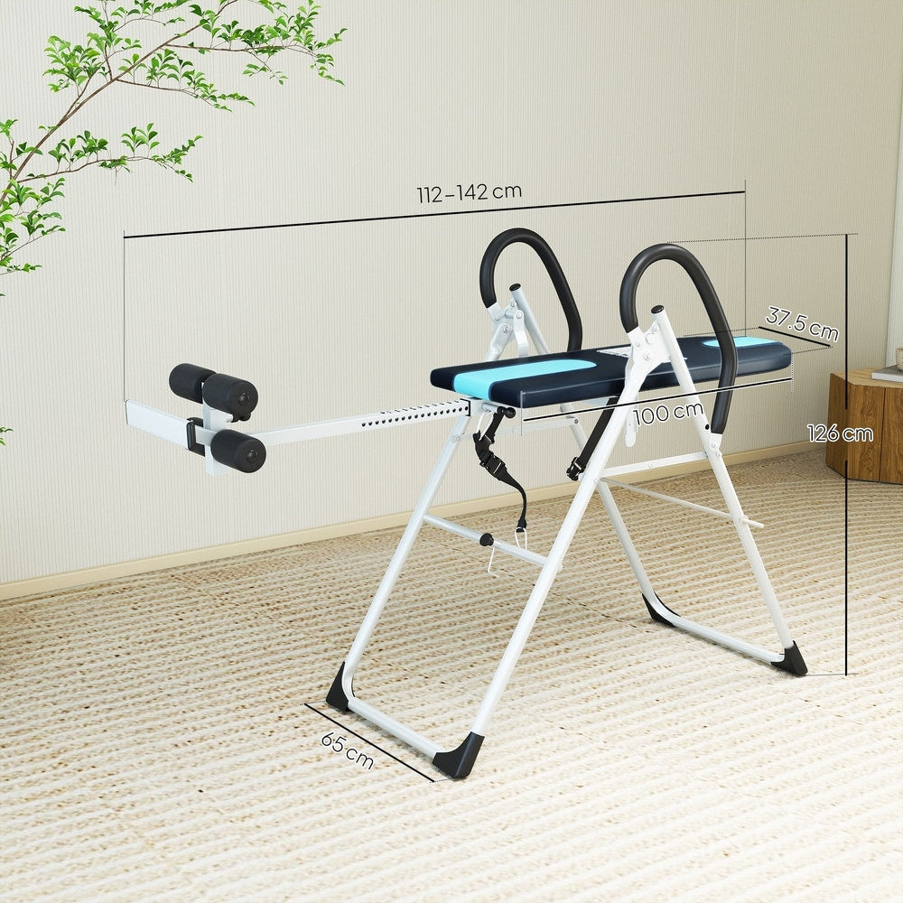 Foldable gravity inversion table with dimensions shown