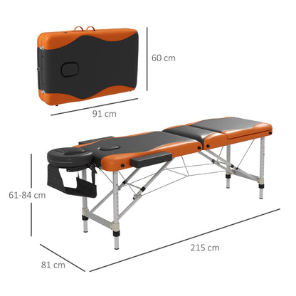 The massage table shown both folded and unfolded with various dimensions