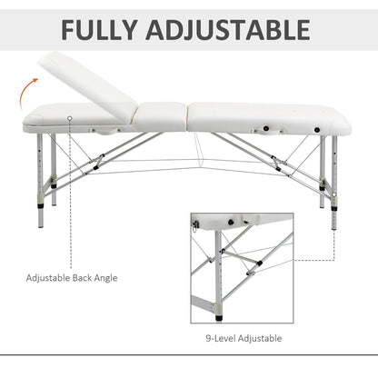 The white adjustable massage couch showing back angle and height adjustment