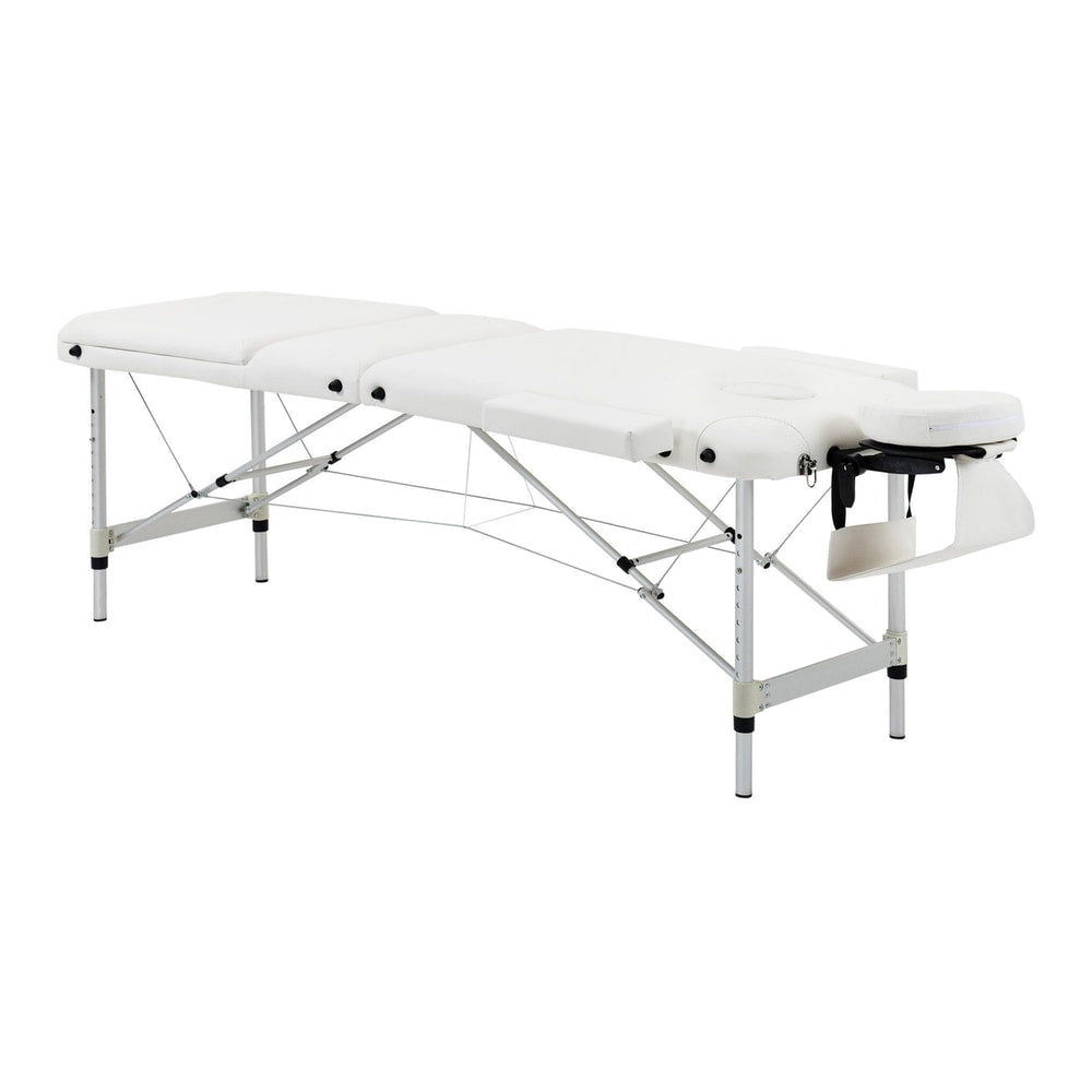 HOMCOM Foldable Massage Bed, a white three-section aluminium portable beauty couch with headrest support