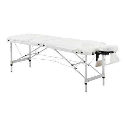 HOMCOM Foldable Massage Bed, a white three-section aluminium portable beauty couch with headrest support