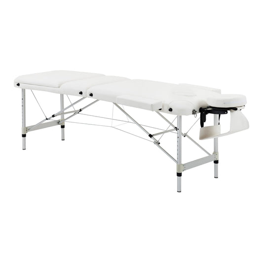 HOMCOM Foldable Massage Bed, a white three-section aluminium portable beauty couch with headrest support