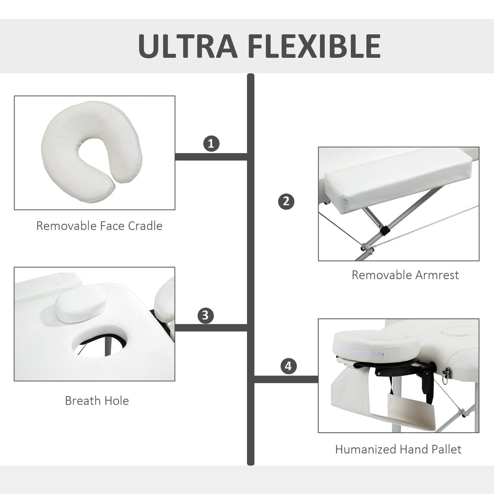 Close up of the white massage couch showing removable face cradle and armrest
