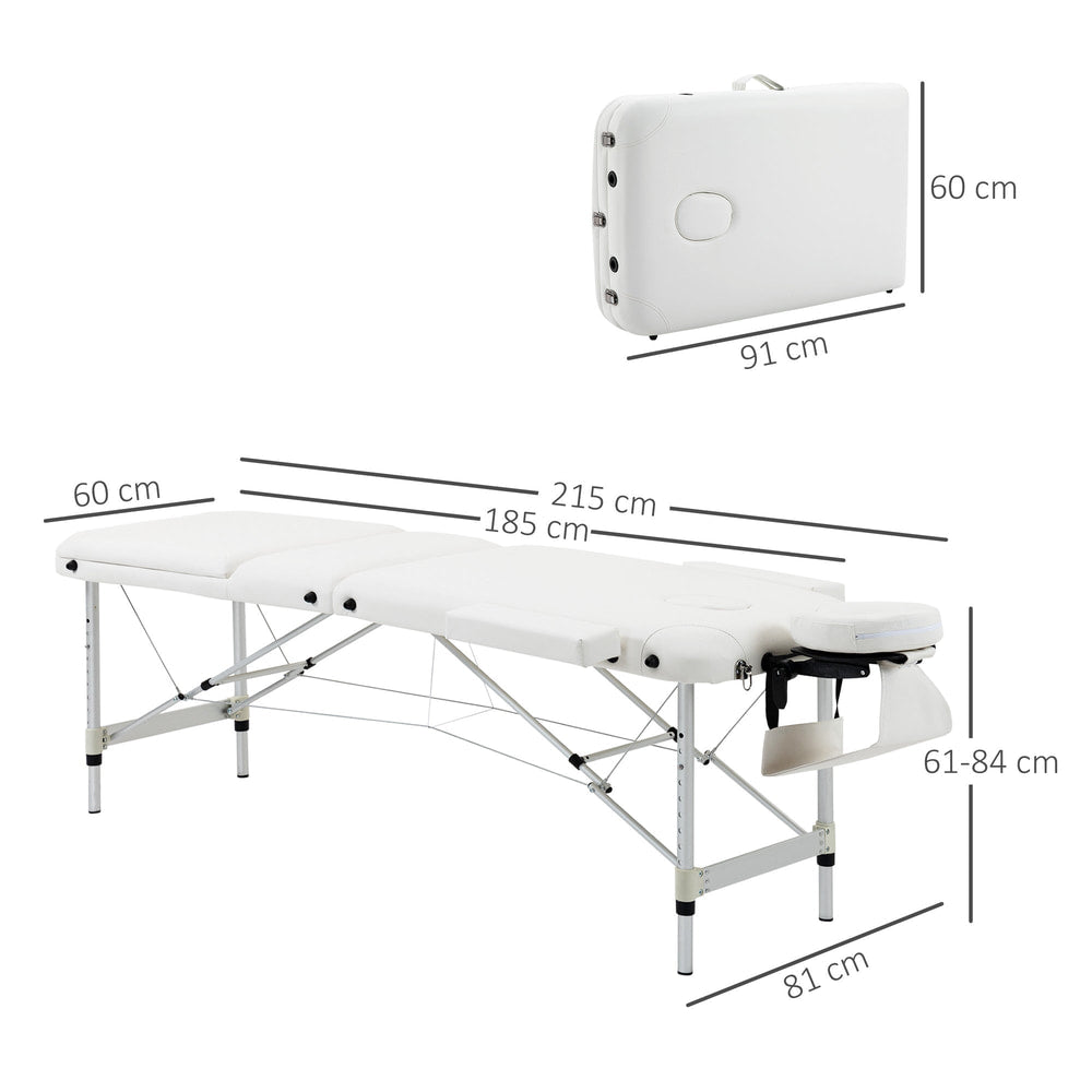 The white foldable massage bed with dimensions shown