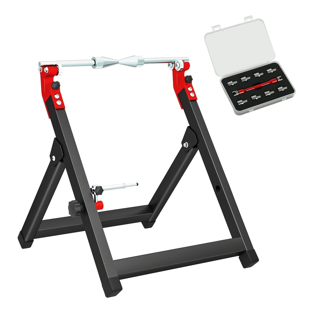 HOMCOM Foldable Motorcycle Wheel Balancer Truing Stand with spoke wrench and parts in a box