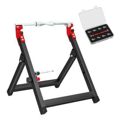 HOMCOM Foldable Motorcycle Wheel Balancer Truing Stand with spoke wrench and parts in a box