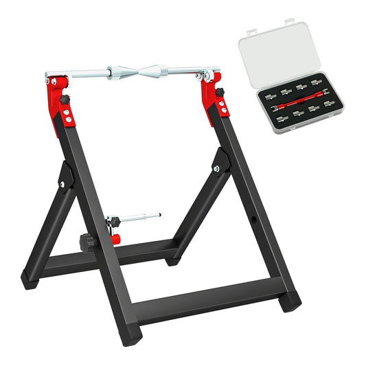HOMCOM Foldable Motorcycle Wheel Balancer Truing Stand with spoke wrench and parts in a box