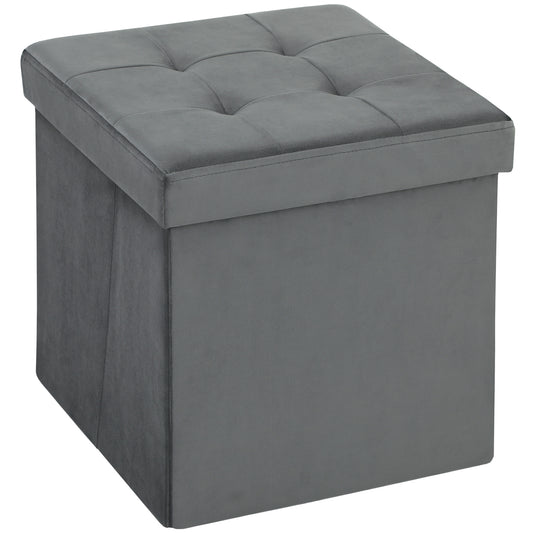 HOMCOM Foldable Velvet-Feel Storage Ottoman in Grey