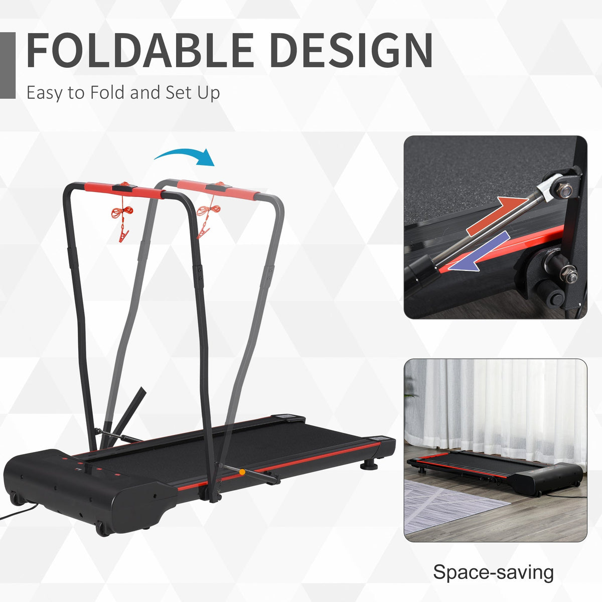 The walking treadmill demonstrating the folding mechanism and space saving storage