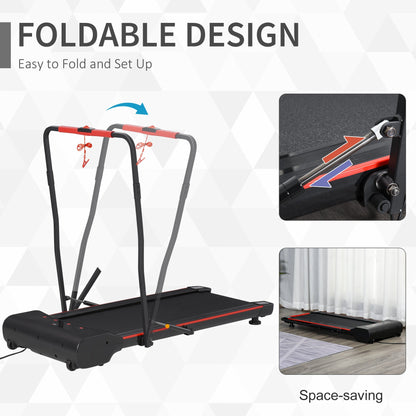 The walking treadmill demonstrating the folding mechanism and space saving storage