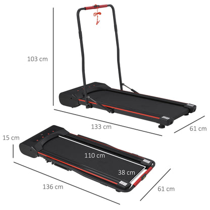 The folding treadmill shown in both upright and folded positions with dimension labels
