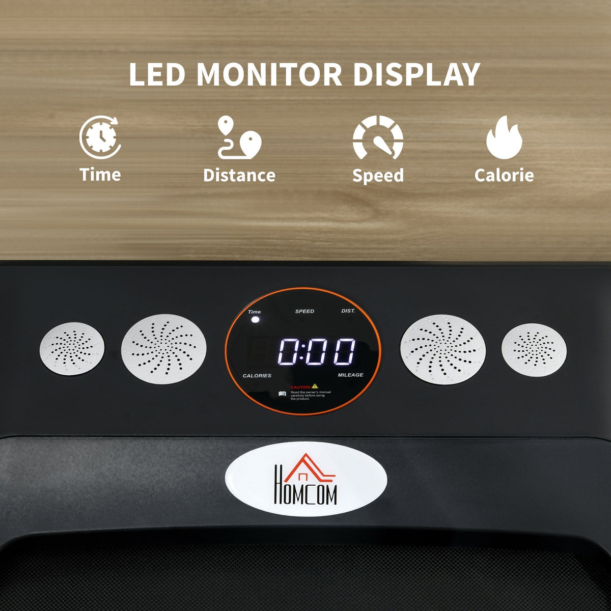 Close up of the LED display on the orange foldable walking treadmill