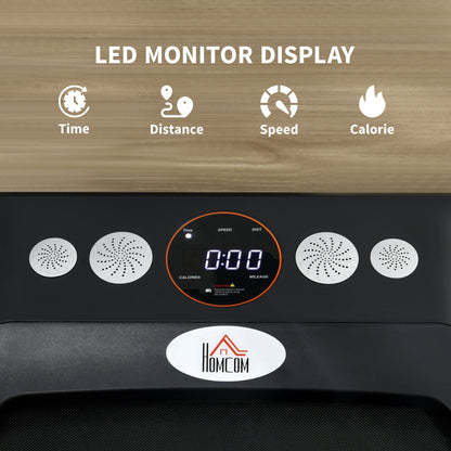 Close up of the LED display on the orange foldable walking treadmill