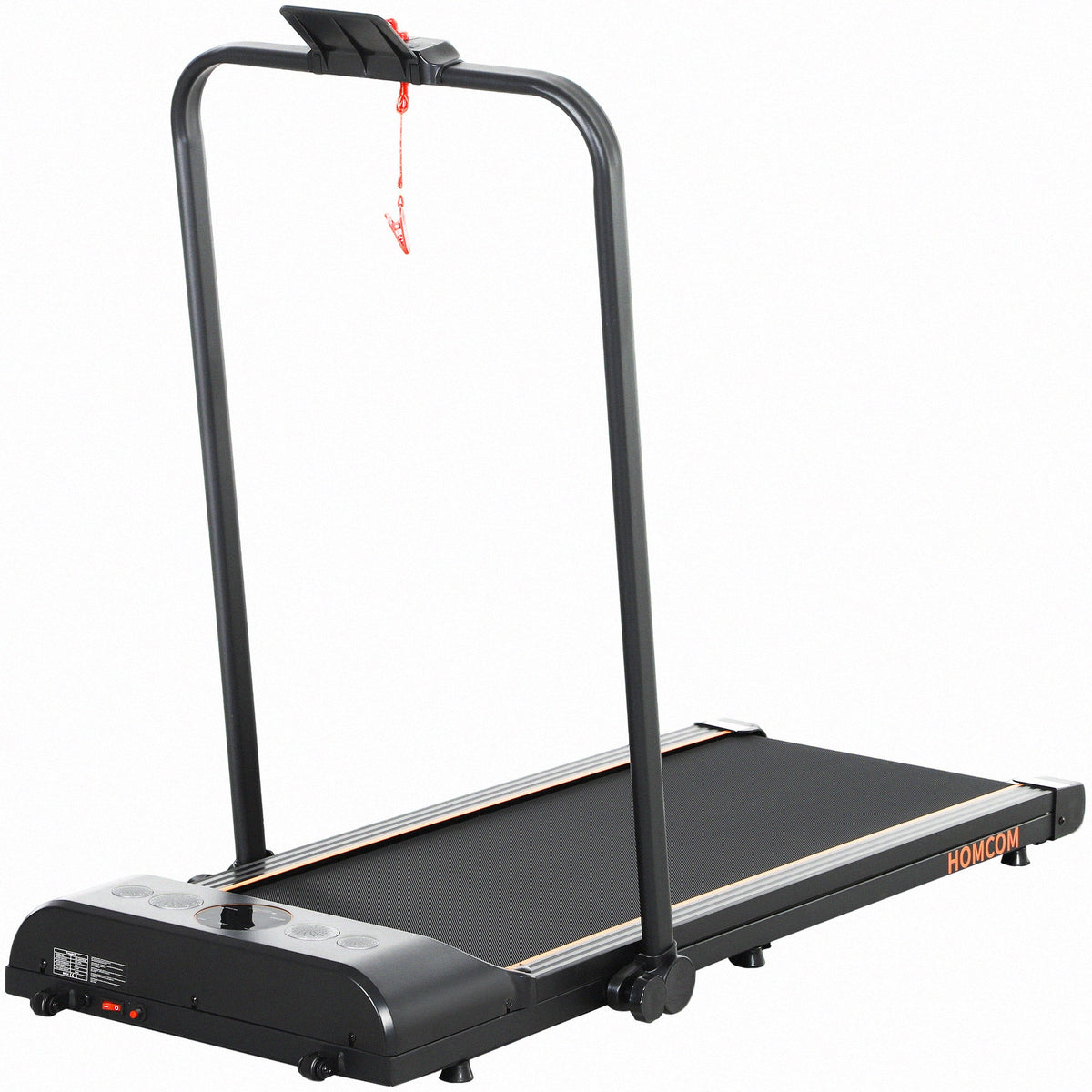 HOMCOM Foldable Walking Treadmill in orange with LED display and wheels