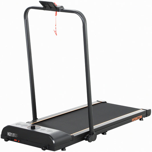 HOMCOM Foldable Walking Treadmill in orange with LED display and wheels
