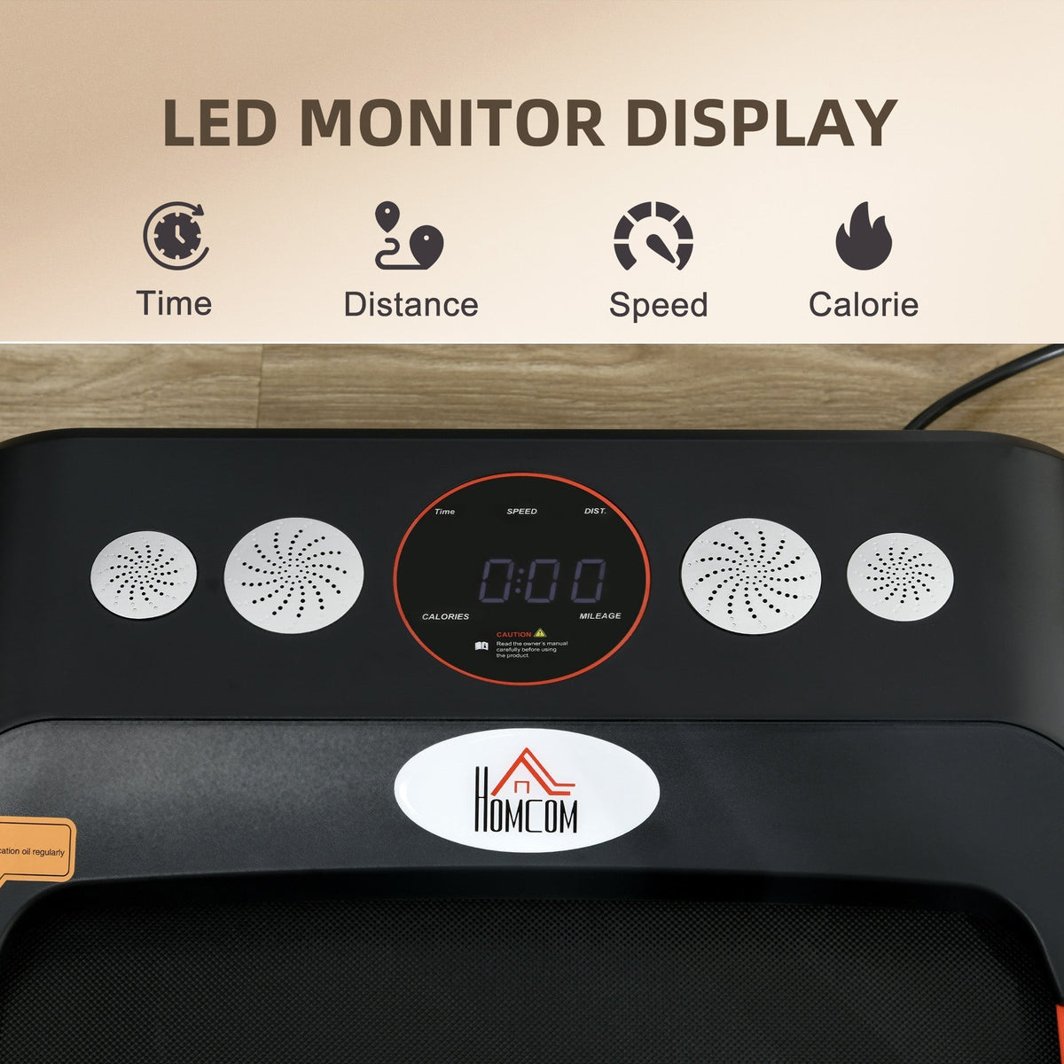 Close up of the LED display panel on the walking treadmill