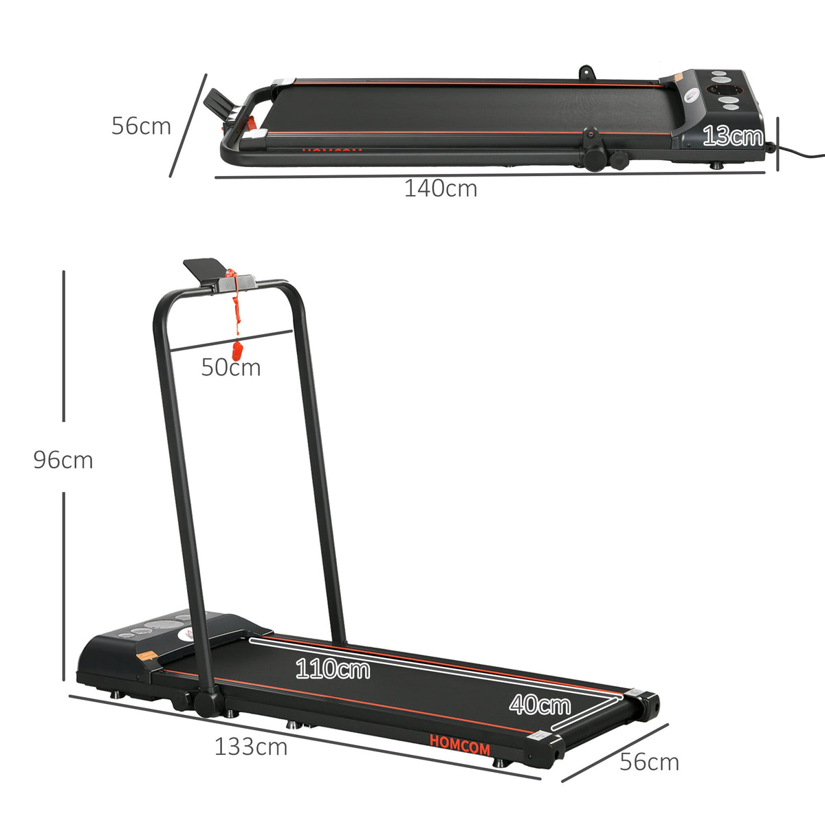 Foldable walking treadmill with dimensions shown