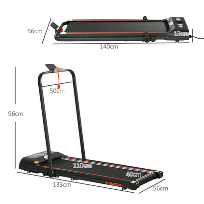 Foldable walking treadmill with dimensions shown