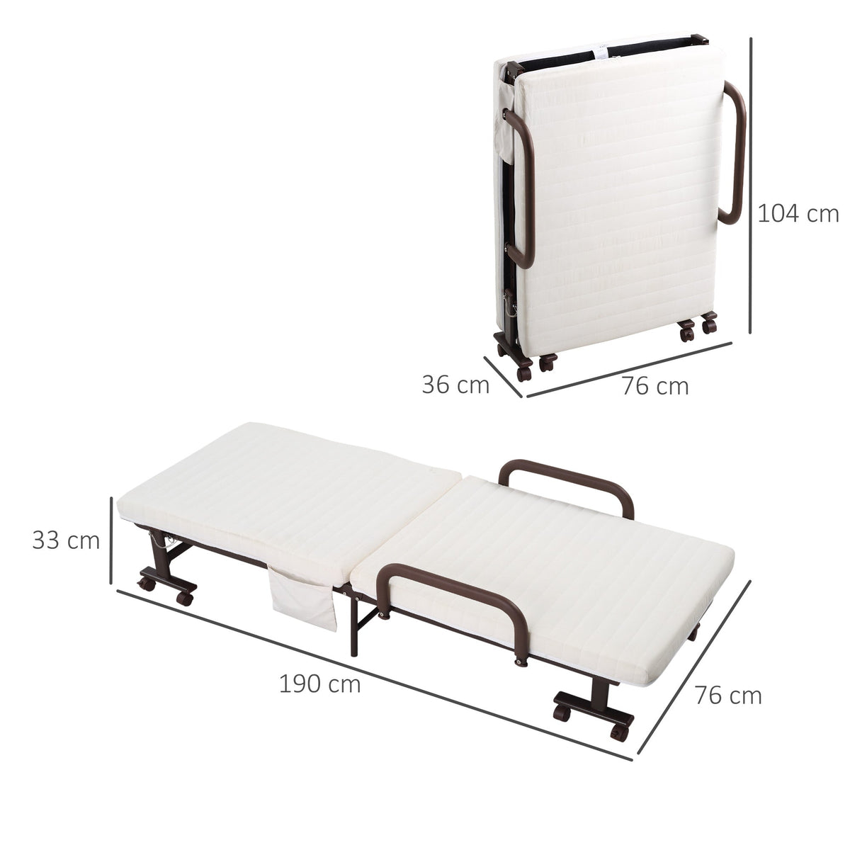 The folding bed with mattress shown flat and folded with dimensions