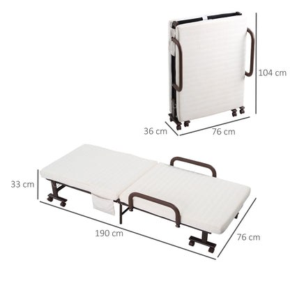 The folding bed with mattress shown flat and folded with dimensions