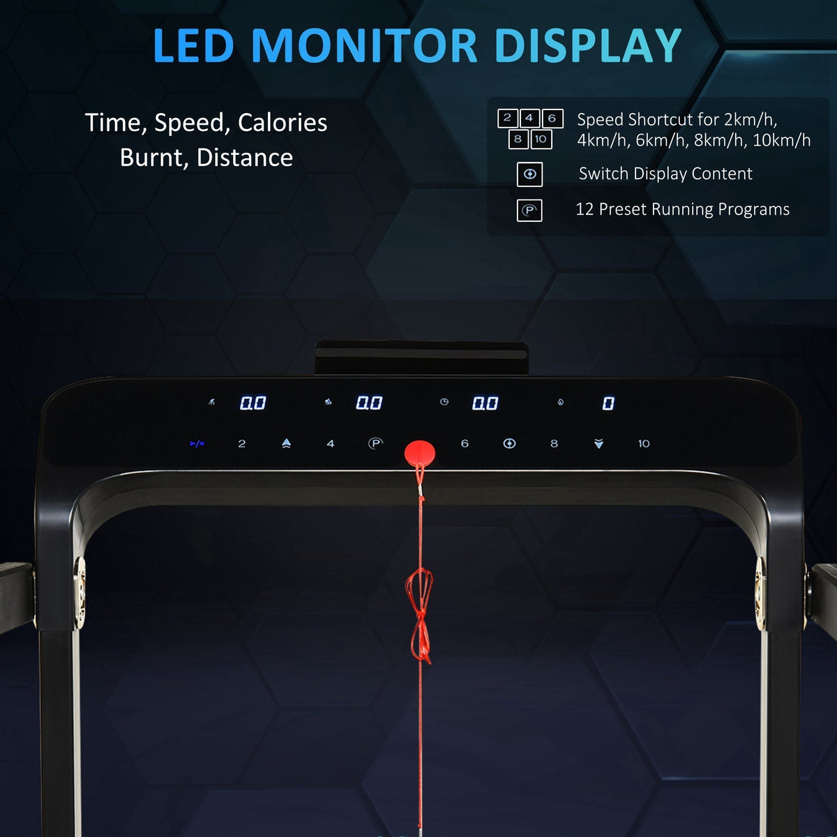 Close up of the LED display console showing touch buttons and the red safety cord