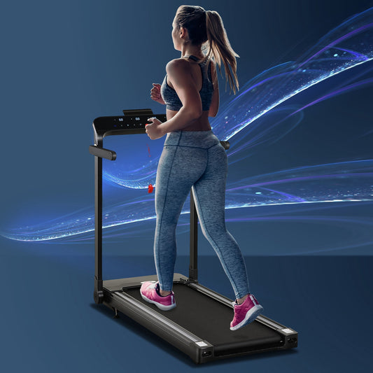 A woman in sportswear jogging on the running machine against a blue abstract background