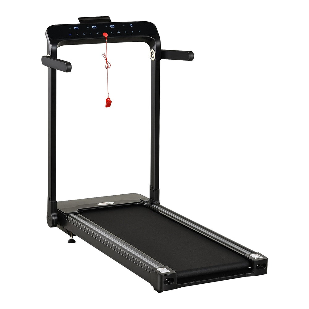 HOMCOM Folding Treadmill in black with an upright console and a red safety key hanging down