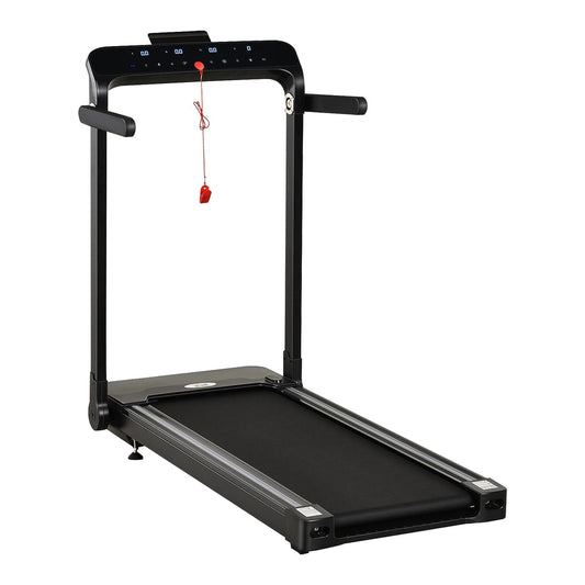 HOMCOM Folding Treadmill in black with an upright console and a red safety key hanging down