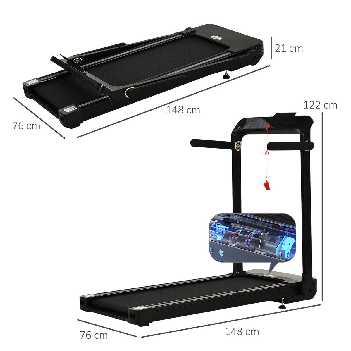 The running machine shown in both folded and unfolded positions with dimension labels