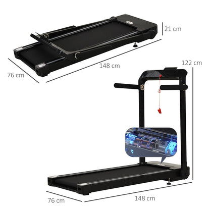 The running machine shown in both folded and unfolded positions with dimension labels