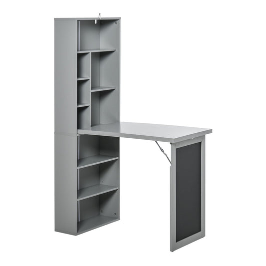 HOMCOM Folding Convertible Desk showing the desk folded up with shelves on the left and a blackboard on the right