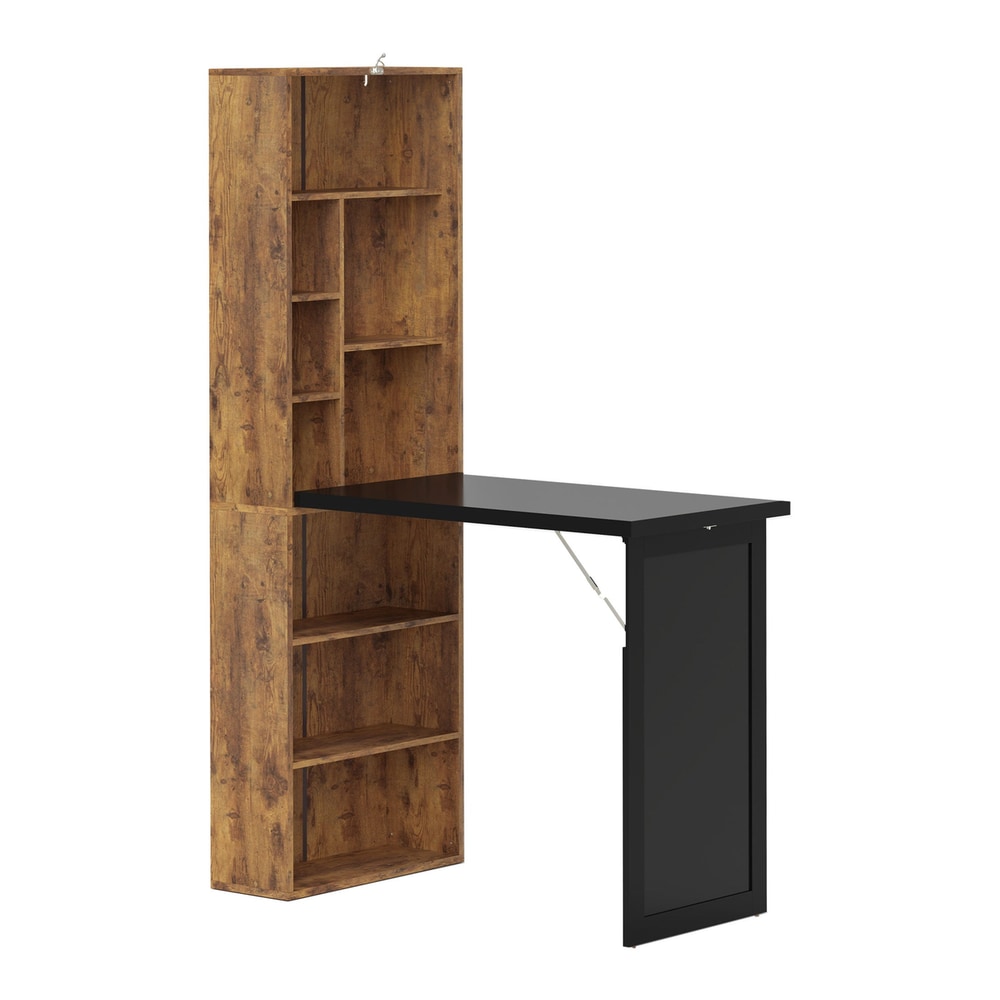 HOMCOM Folding Desk with a tall rustic brown shelving unit and a black fold-down work surface
