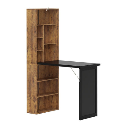 HOMCOM Folding Desk with a tall rustic brown shelving unit and a black fold-down work surface