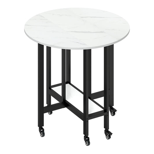 HOMCOM Folding Dining Table with white marble effect top and black metal frame on wheels