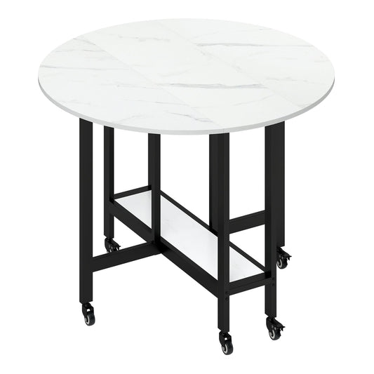 HOMCOM Folding Dining Table with white marble effect top and black frame on wheels