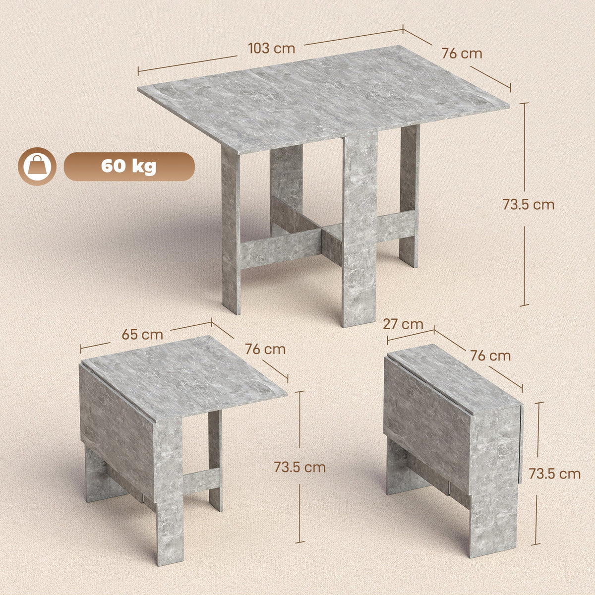 This space-saving drop leaf kitchen table is shown in three configurations with dimensions