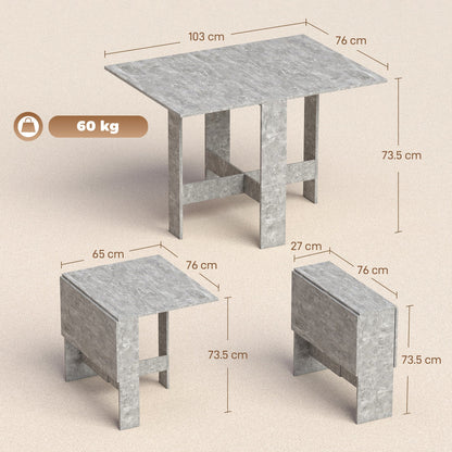 This space-saving drop leaf kitchen table is shown in three configurations with dimensions