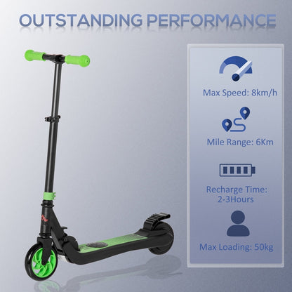 The kids scooter next to a list of technical performance specifications on a grey background