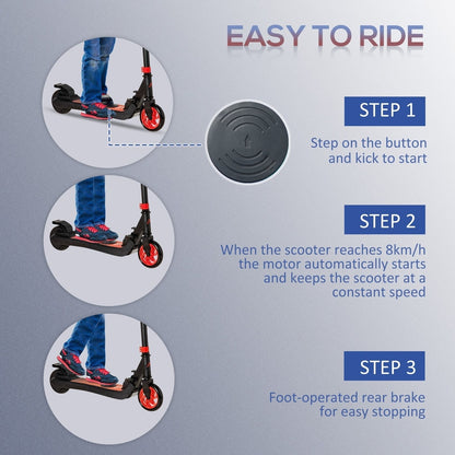 Instructions on how to operate the red and black electric scooter with foot brake