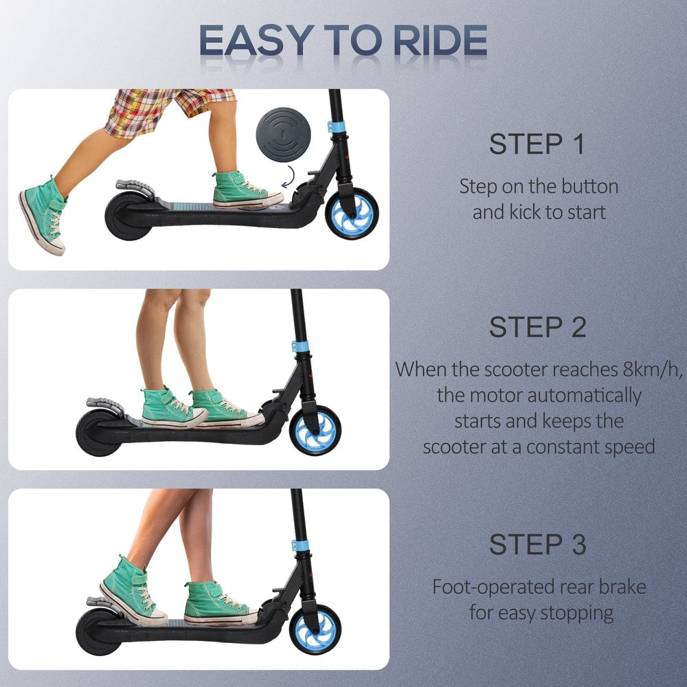 Three steps showing how to operate the blue kids electric scooter, including starting and stopping