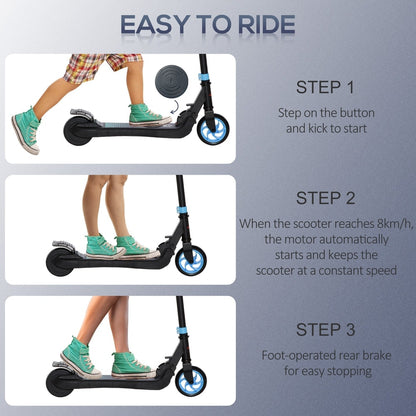 Three steps showing how to operate the blue kids electric scooter, including starting and stopping