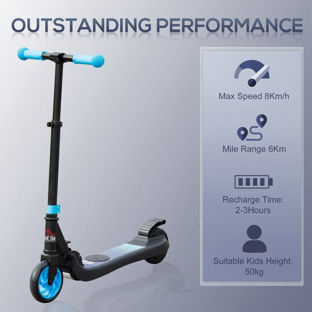 Black kids electric scooter with blue handlebars and wheels, next to performance details