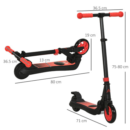 Dimensions of the red and black electric scooter shown with measurements