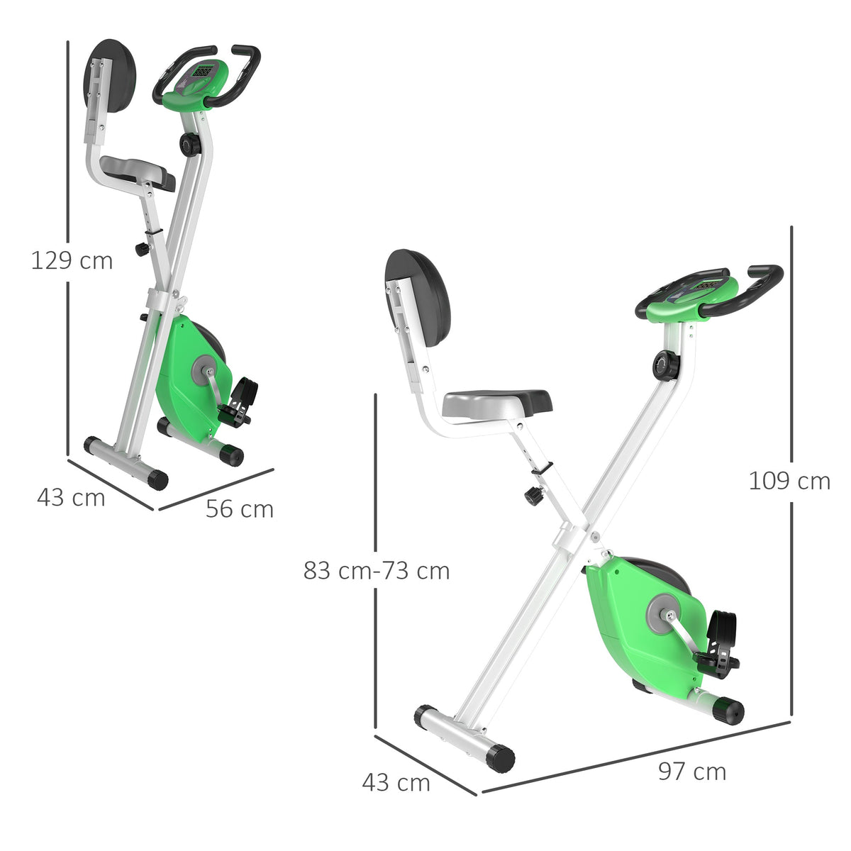 The exercise bike with two size diagrams showing dimensions in cm