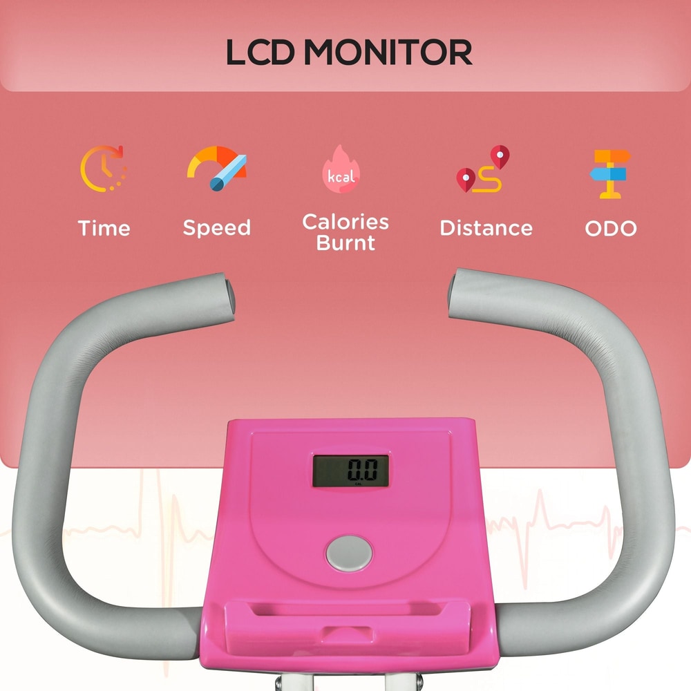 Close up of the LCD monitor on the pink exercise bike console